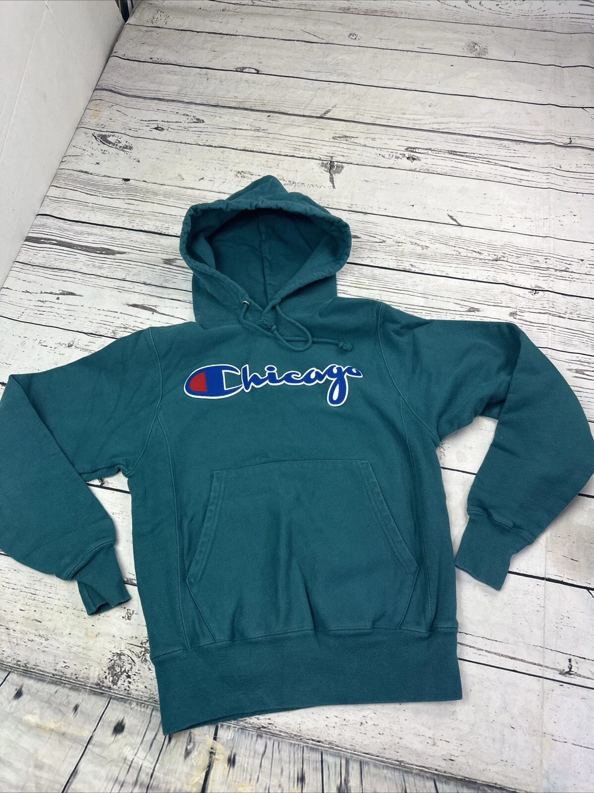 Champion Reverse Weave Chicago Hoodie Teal Green XS RARE Script Logo