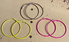 3 Pair 1980's Enamel Silver tone Hot Pink Yellow Hoop Pierced Earrings 2 1/4"