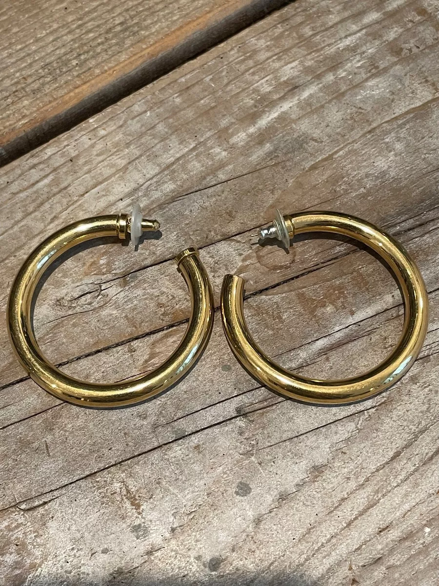 Shiny Gold Tone Thick Hoop Earrings 1 3 4