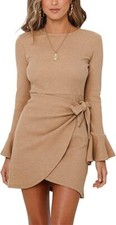 Women's Waffle Crew Neck Flounce Long Sleeve Tie Waist Wrap Bodycon Mini Dress