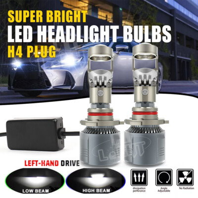 2X LHD H4 Bi-LED Projector Lens Hi/Lo Headlight Mini Bulbs 400W 90000Lm Retrofit