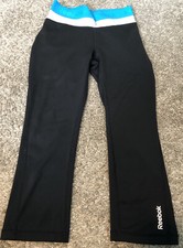 Reebok Black Spell Out Double Waist Band Black Tights Pants Workout Logo Sz XS