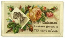 Merry Christmas Roses Prichard Street 5 & 10 Cent Store Victorian Trade Card