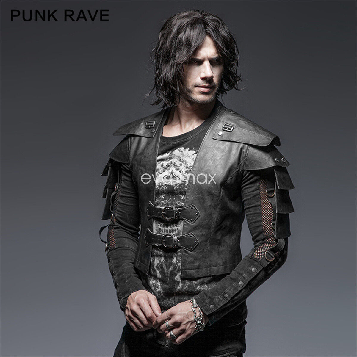 Punk Rave Outfit Goth Men Jacket Faux Leather Steampunk