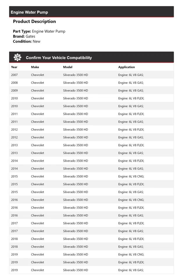 Chevrolet Silverado 3500 HD 2007-2019 motor bomba de agua puertas 2008 2009 2010 Foto 2 de 4