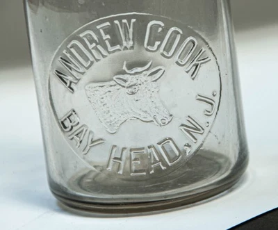 antique milk bottle ANDREW COOK BAY HEAD NJ Embossed Cow Head 1 Quart CLEAN!!! - Image 1 of 4