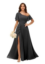 Short Sleeve One Shoulder Bridesmaid Dress Ruffled Design Formal Evening Gown UK