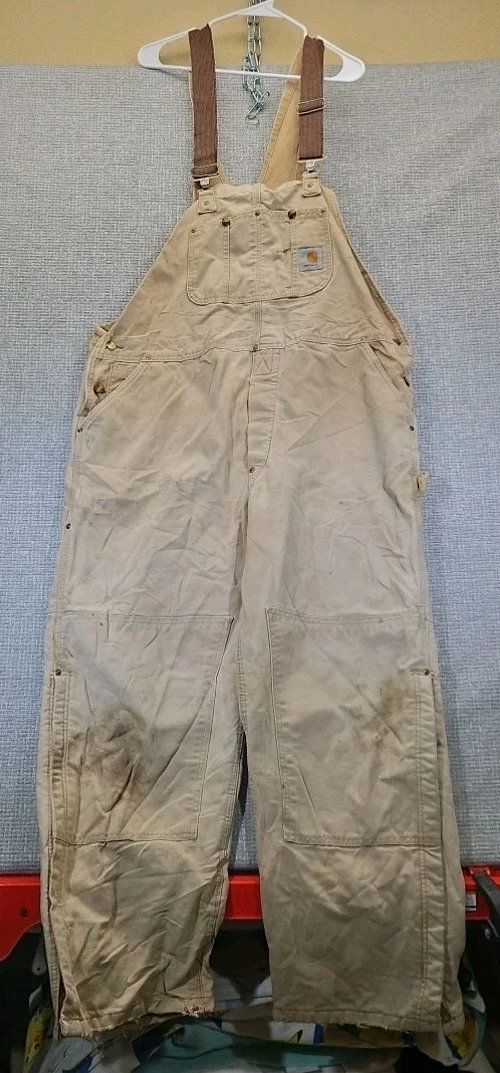 VTG 90s Carhartt Double Knee Bib Overalls Sz In Pics Tan Canvas Insulated *WEAR*