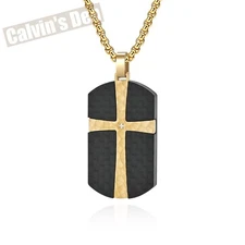 Carbon Fiber Hammered Stainless Steel CZ Cross Inlay Dog Tag Pendant Necklace