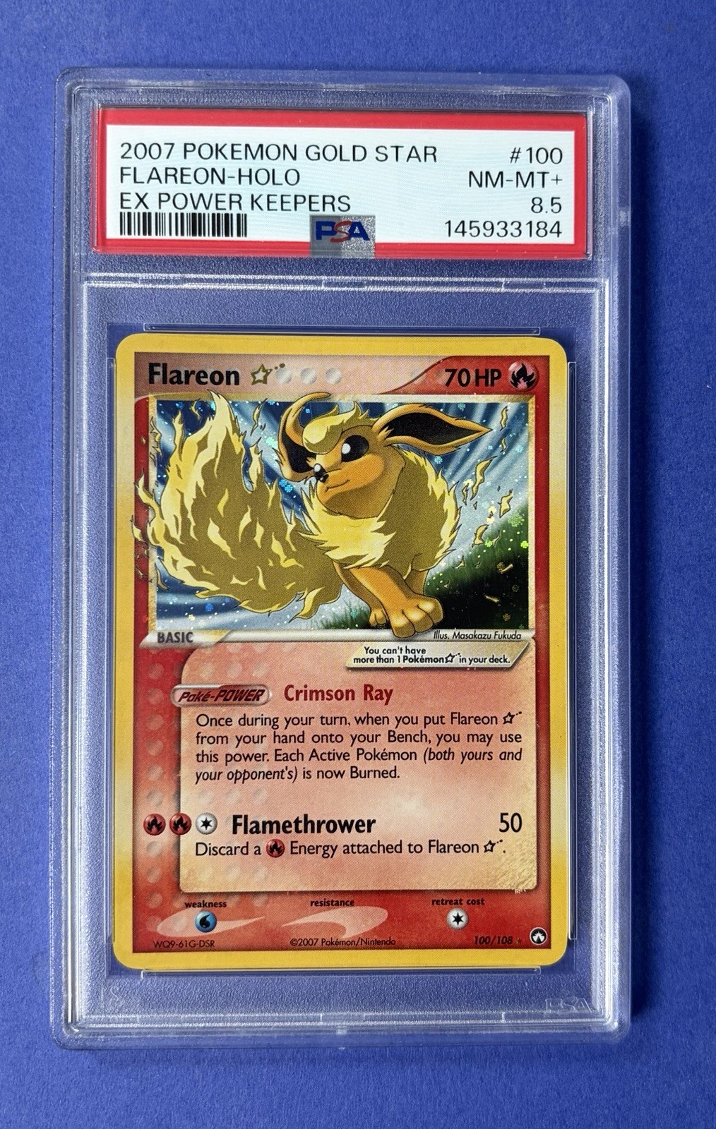 2007 Pokémon Gold Star Flareon Holo EX Power Keepers #100 PSA 8.5 NM-MT+