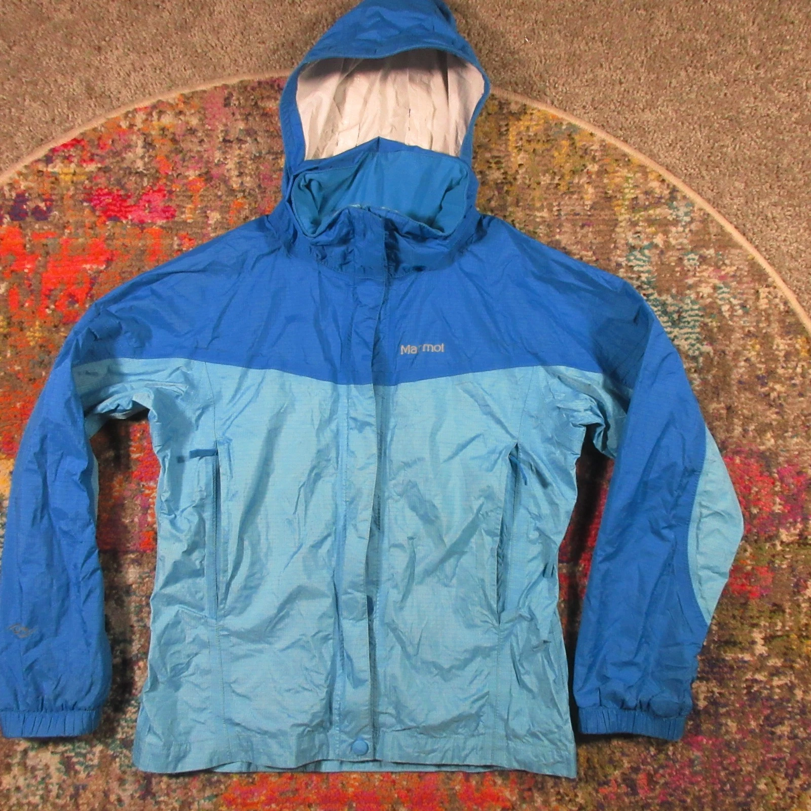Marmot Rain Jacket Youth Large Blue Lightweight Stowable Hood Nylon Rip Stop