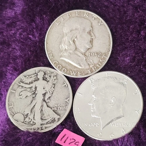 LOT of 3 🇺🇲🔥G-AU🔥1934-S Walking Liberty 1952 1964 Silver Half Dollars 1178