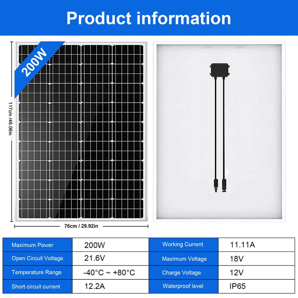 200W 400W 600W Solar Panel Kit 12V Mono for Motorhomes Campervan Battery Charger - Image 3 of 4