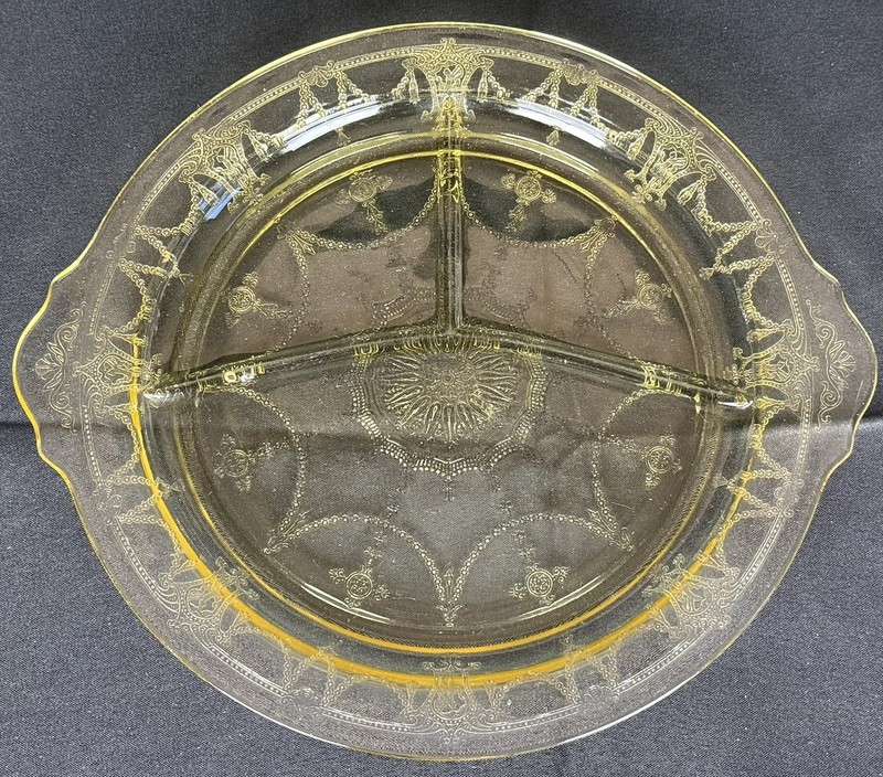 1930s Hocking Yellow Depression Glass Handled Cameo Ballerina Grill Plate