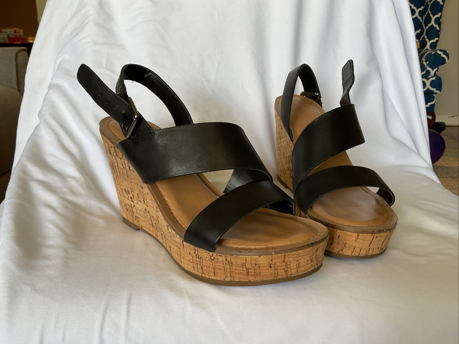 Franco Sarto Womens 6.5 Black Strap Cork Wedge Heel