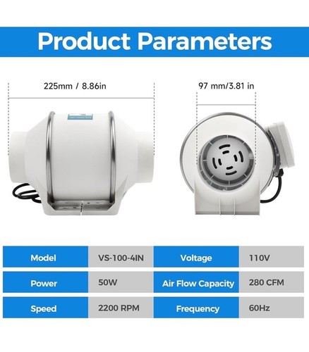 4 Zoll Rohrventilator, Inline Lüftung Abluftventilator, 280 CFM Kanal Ansaugventilator Hoch... - Bild 6 von 6