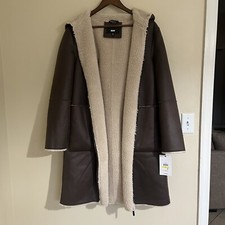 Dkny Womens Brown Leather Faux Fur Long Sleeve Hooded Long Trench Coat Size M