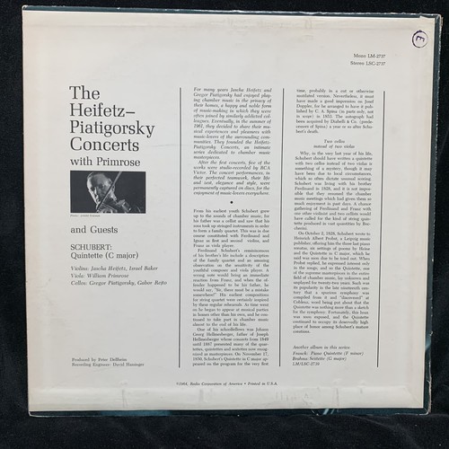 JASCHA HEIFETZ violin & PIATIGORSKY SCHUBERT Quintet RCA LSC-2737 ST LP 1964 SD - Picture 2 of 4