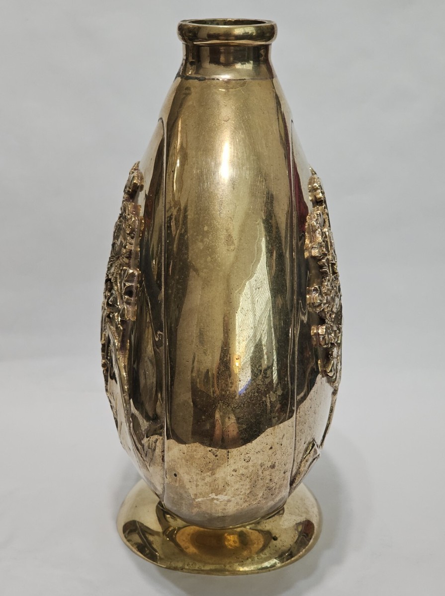 2647 古銅　エビス　花瓶　時代物 Vintage Large Heavy Brass Vase Embossed Floral Unique Shape