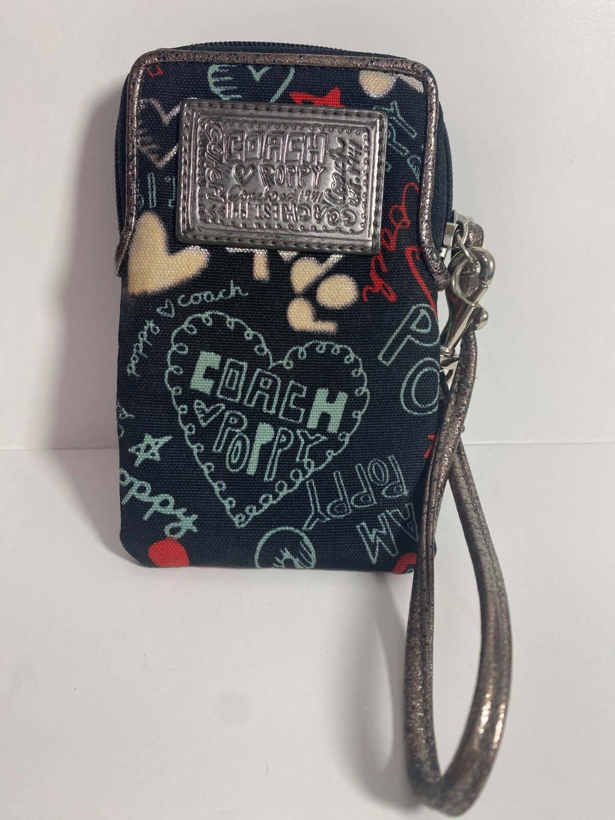 Polso Coach in tela nera pelle papavero finiture argento carta di credito cerniera