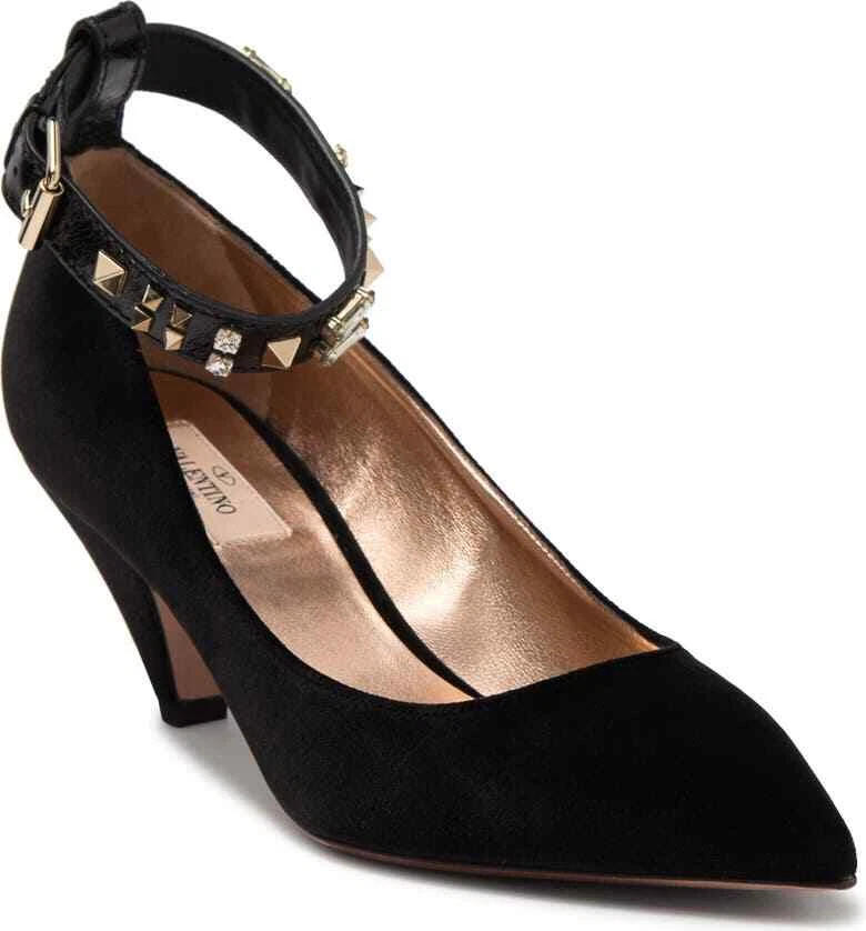 NUOVE décolleté con cinturino in velluto borchiate Valentino Garavani nere EUR38 5 $1045