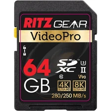 Ritz Gear 64GB High-Speed SDXC UHS-II SD Card, C10, U3, V90, HD & 8K for DSLR