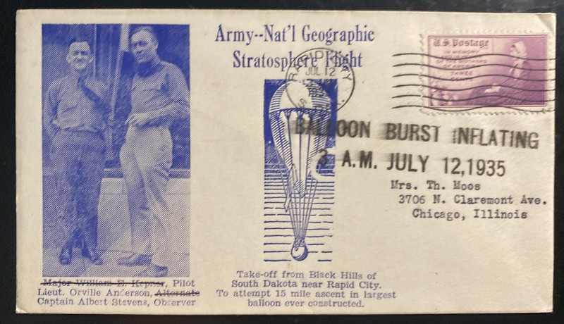 1935 Rapid City SD USA Balloon Stratosphere Flight US Army Cover Pilot Anderson