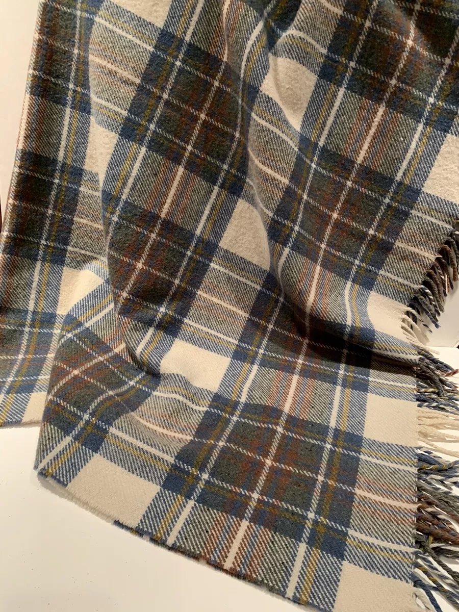 Pringle Weavers Throw Blanket Wool Blend Blue Cream Plaid Fringe 60 x 49