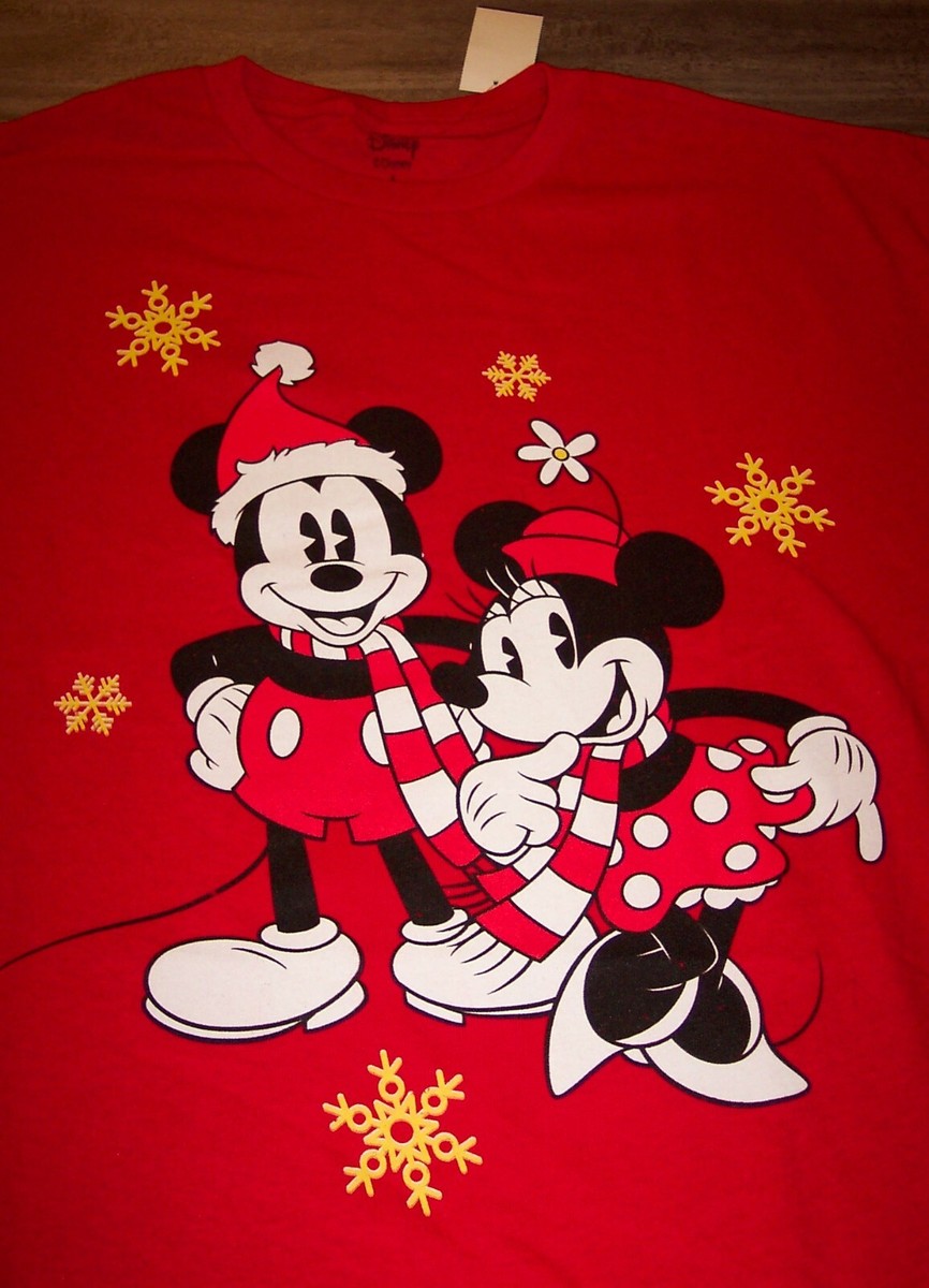 Walt Disney MICKEY MOUSE MINNIE SANTA HAT CHRISTMAS T-Shirt MEDIUM