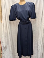 1980s 40s Style Blue Rayon Pearls & Applique Dress by Karin Stevens Size 14