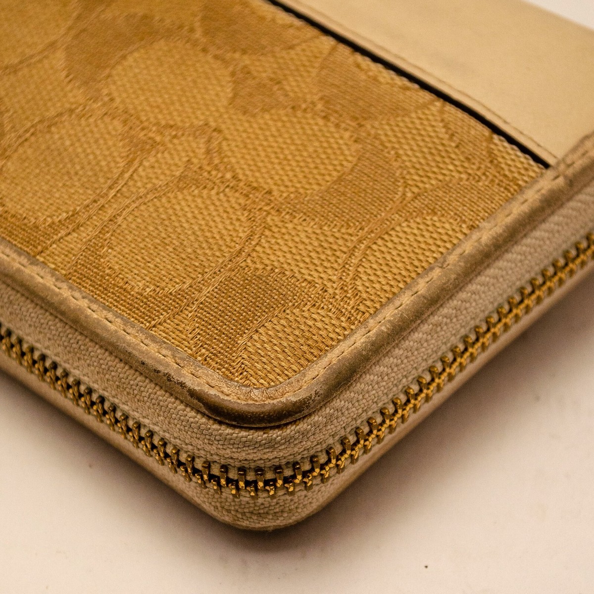 Coach Metal Logo Beige Canvas Leather Zip Round Long Wallet Purse 