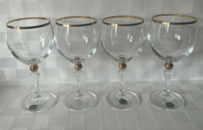 Set of 4 Vintage Bohemia Crystal Crystalex Gold Rim Wine Glasses Ball Stem Czech