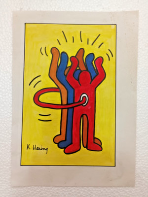 KEITH HARING drawing on old paper signed vintage