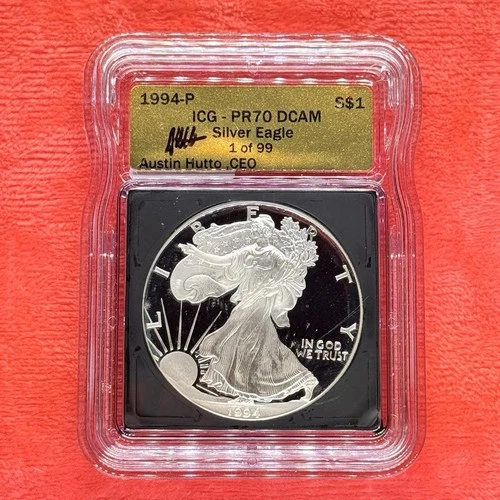 1994P PROOF SILVER EAGLE ICG PR70 DCAM AUSTIN HUTTO SIGNED GOLD LABEL 1 Of 99