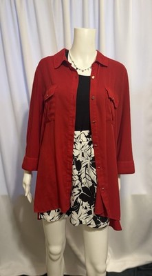 Slim Factor by Investments Red Button Up Tunic Shirt Blouse Large L Roll Tab