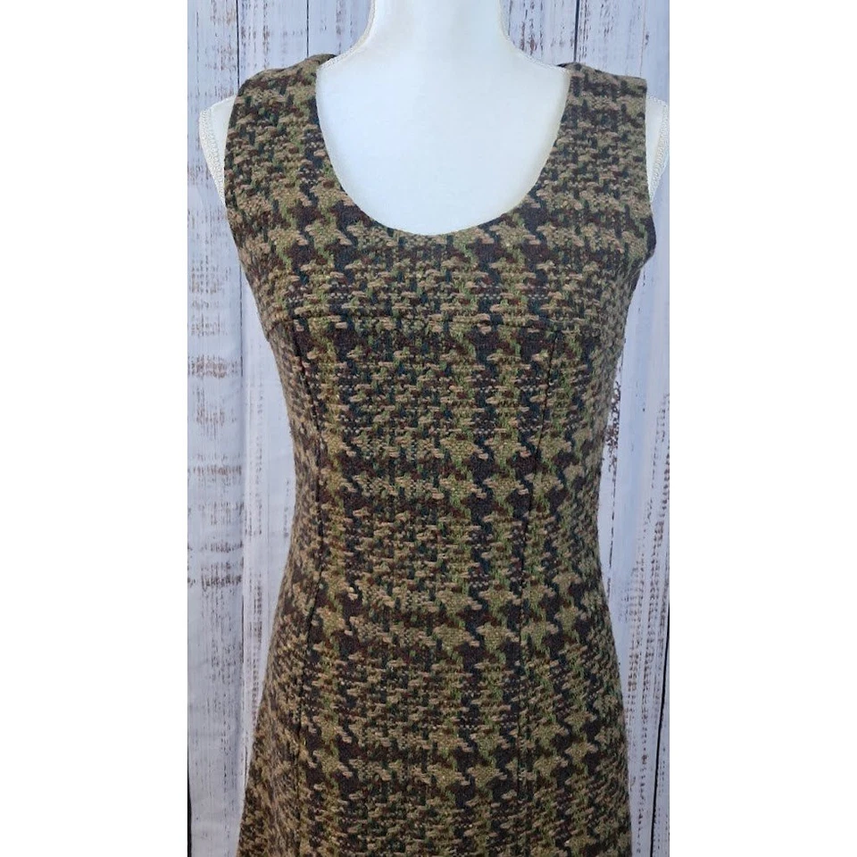 Vestido midi OILILY S marrón tweed lana pata de gallo sin mangas bordado retro Foto 2 de 4