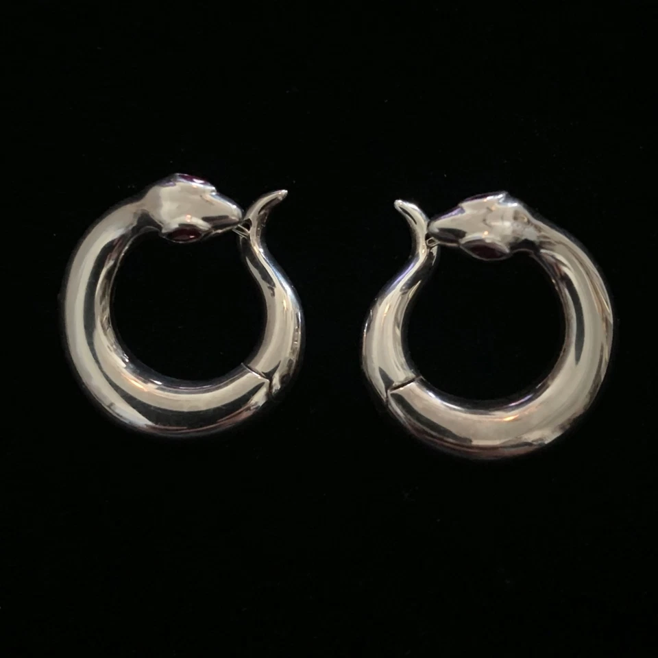 Barry Kieselstein Cord Sterling Silver Peter The Snake Earrings Ruby 1" Estate - Image 2 of 4