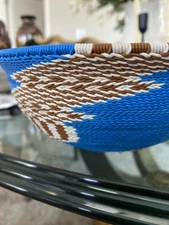 Handwoven Zulu Telephone Wire Basket – Spiral Tribal Design; Blue, White & Brown