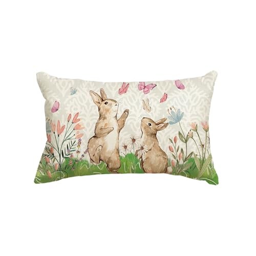 Happy Easter Bunny Flowers Throw Pillow Cover, 12 x 20 Inch Butterfly Rabbit