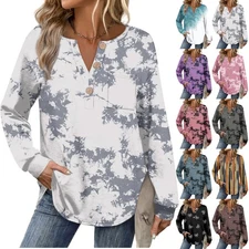 Women's Long Sleeve Shirts Floral Button Henley Business Casual Tops w/ Pocket
