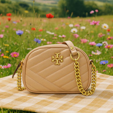 NEW Tory Burch Kira Chevron Devon Sand Beige Leather Small Camera/Crossbody Bag