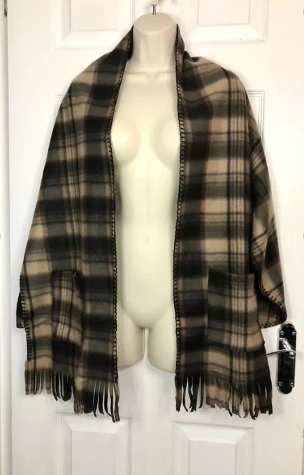 Womens Brown & Black Plaid Print Fleece Style Open Poncho Wrap Cover Up One Size