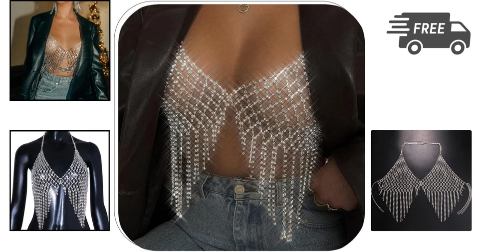 Cadena corporal de malla de diamantes de imitación para mujer plata festival joyería collar borla Foto 2 de 4