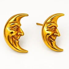 Gold Tone Crescent Moon Face Earrings
