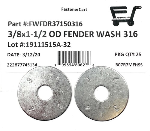 (25) 3/8 ID x 1 1/2 OD 316 Stainless Steel Fender Washer Large OD Flat Washers - Picture 2 of 4