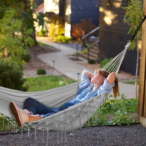 Backyard Hammock with Tassels Max 500Lbs Canvas Fabric Bohemian Style with Thick - Picture 6 of 12