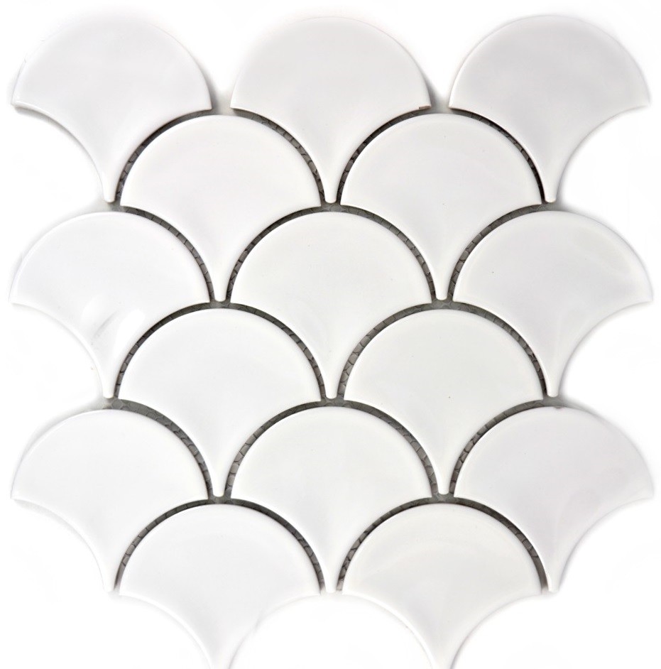 Mosaïque Carreaux Céramique Blanc Brillant - Motif Vague éventail - 10 Plaques