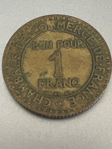 Antique 1923 French Bronze 1 Franc Coin Commerce Industrie Bronze - Picture 2 of 2