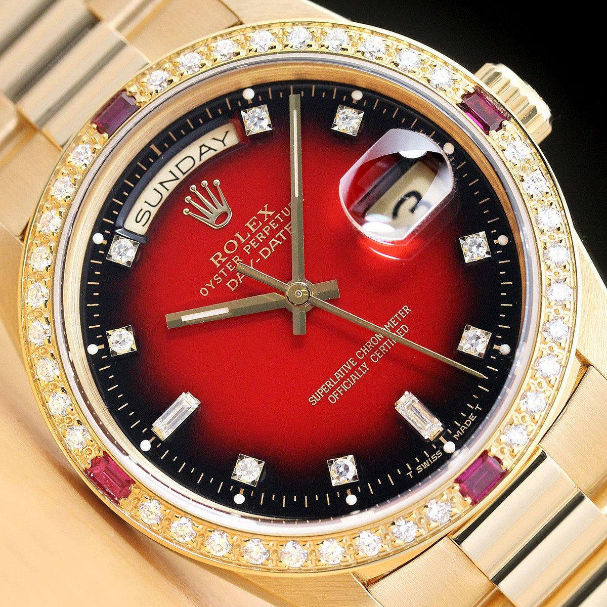 ROLEX 赤いボックスと説明書セット ROLEX MENS DAY-DATE 18238 FACTORY DIAL DIAMOND RUBY 18K YELLOW