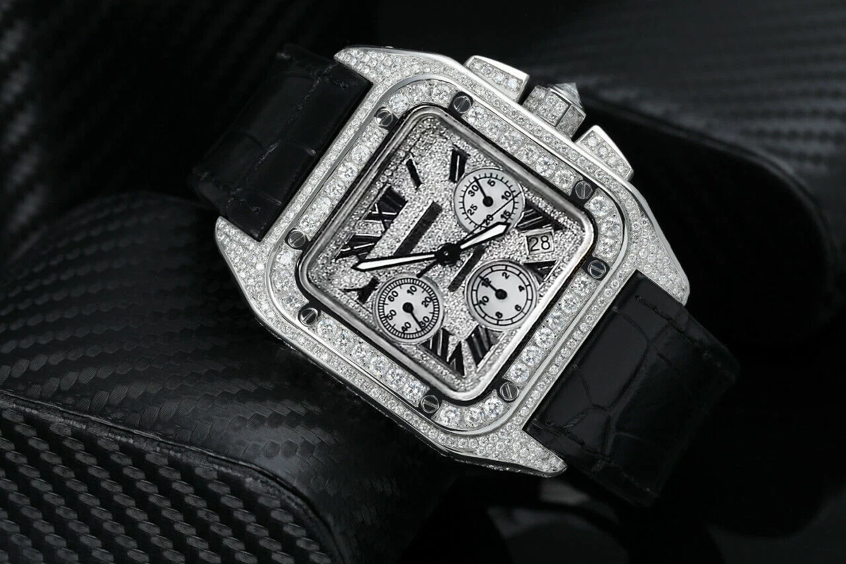 PAVE DIAL CARTIER SANTOS 100 XL CHRONOGRAPH ON BLACK new strap